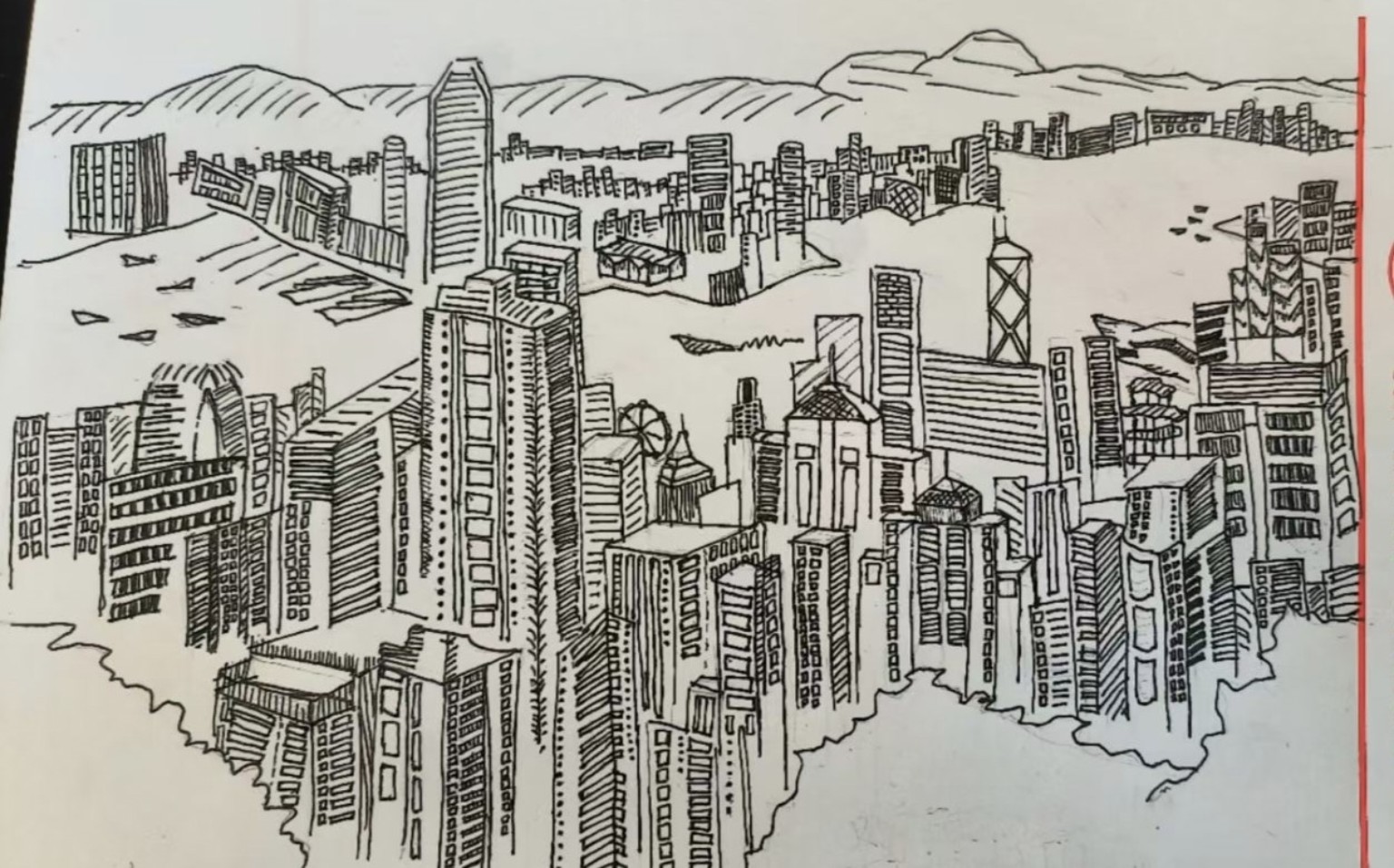 Martin’s original ink sketch of the Hong Kong skyline at Victoria Peak in June 2024.